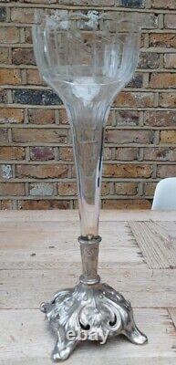 Antique Art Nouveau German Crystal Trumpet Vase on Silver Plated Base