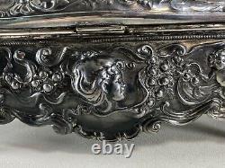Antique Art Nouveau Repousse Silver Plate Casket Dresser Box Cherubs Maidens WOW