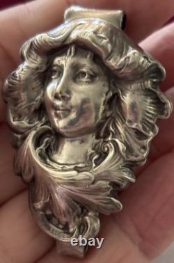 Antique Art Nouveau Silver Chatelaine Belt Clip Smiling Maiden Woman Hard 2 Find