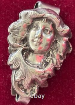 Antique Art Nouveau Silver Chatelaine Belt Clip Smiling Maiden Woman Hard 2 Find