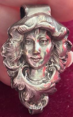 Antique Art Nouveau Silver Chatelaine Belt Clip Smiling Maiden Woman Hard 2 Find