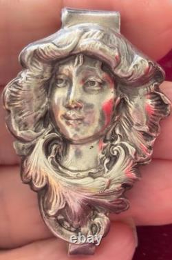 Antique Art Nouveau Silver Chatelaine Belt Clip Smiling Maiden Woman Hard 2 Find