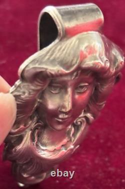 Antique Art Nouveau Silver Chatelaine Belt Clip Smiling Maiden Woman Hard 2 Find