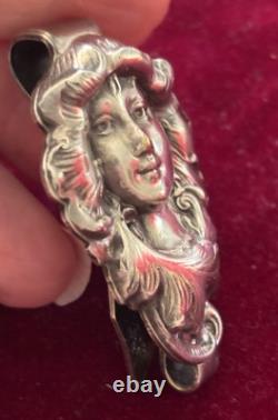 Antique Art Nouveau Silver Chatelaine Belt Clip Smiling Maiden Woman Hard 2 Find