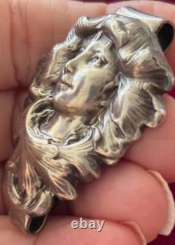 Antique Art Nouveau Silver Chatelaine Belt Clip Smiling Maiden Woman Hard 2 Find