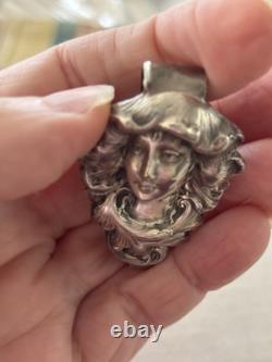 Antique Art Nouveau Silver Chatelaine Belt Clip Smiling Maiden Woman Hard 2 Find