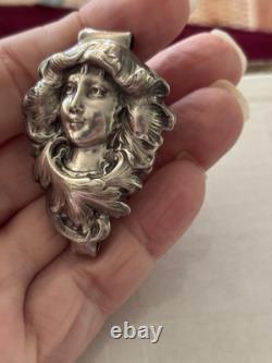 Antique Art Nouveau Silver Chatelaine Belt Clip Smiling Maiden Woman Hard 2 Find