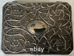 Antique Art Nouveau Silver Plated Jewellery Box -Mirror & Fitted Velvet Interior