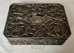 Antique Art Nouveau Silver Plated Jewellery Box -Mirror & Fitted Velvet Interior