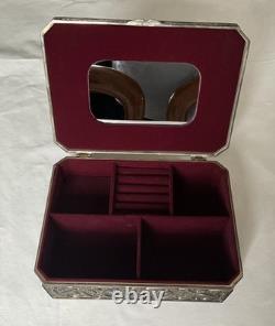 Antique Art Nouveau Silver Plated Jewellery Box -Mirror & Fitted Velvet Interior
