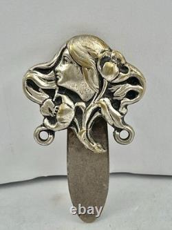 Antique Art Nouveau Stylized Woman Repousse Silver Plated Chatelaine Clip