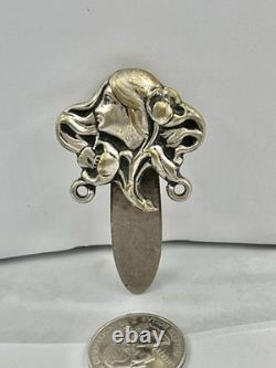 Antique Art Nouveau Stylized Woman Repousse Silver Plated Chatelaine Clip