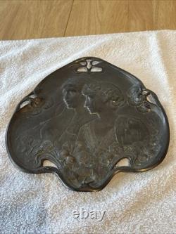 Antique Art Nouveau Two Maidens Dish Plaque Heavy Metal Silver Colour Finish