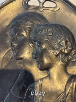 Antique Art Nouveau Two Maidens Dish Plaque Heavy Metal Silver Colour Finish