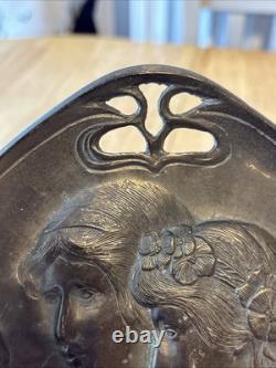 Antique Art Nouveau Two Maidens Dish Plaque Heavy Metal Silver Colour Finish