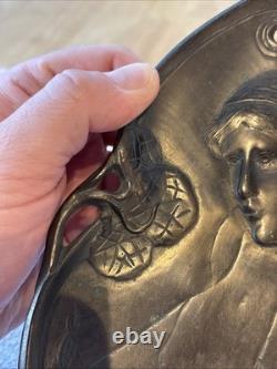 Antique Art Nouveau Two Maidens Dish Plaque Heavy Metal Silver Colour Finish