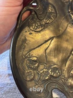 Antique Art Nouveau Two Maidens Dish Plaque Heavy Metal Silver Colour Finish