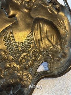 Antique Art Nouveau Two Maidens Dish Plaque Heavy Metal Silver Colour Finish