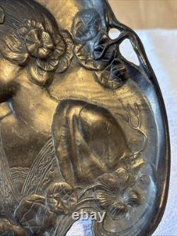 Antique Art Nouveau Two Maidens Dish Plaque Heavy Metal Silver Colour Finish