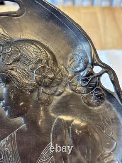 Antique Art Nouveau Two Maidens Dish Plaque Heavy Metal Silver Colour Finish