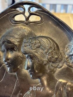 Antique Art Nouveau Two Maidens Dish Plaque Heavy Metal Silver Colour Finish