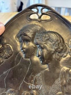 Antique Art Nouveau Two Maidens Dish Plaque Heavy Metal Silver Colour Finish