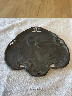 Antique Art Nouveau Two Maidens Dish Plaque Heavy Metal Silver Colour Finish
