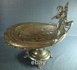 Antique Art Nouveau WMF Style Silver Plated Fruit Dish Tray Putti with bird