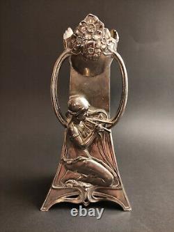 Antique Art Nouveau Wmf Metal Vase 1906 Woman Flute Rare Hallmark Silver Plated