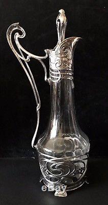 Antique Art Nuoveau Wine Decanter With Silver Plated Mounts