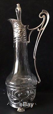 Antique Art Nuoveau Wine Decanter With Silver Plated Mounts