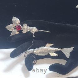 Antique Articulated Koi Fish Chatelaine Pin Red Glass Flower Hand Silver Tone