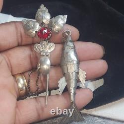 Antique Articulated Koi Fish Chatelaine Pin Red Glass Flower Hand Silver Tone