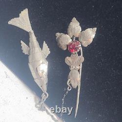 Antique Articulated Koi Fish Chatelaine Pin Red Glass Flower Hand Silver Tone