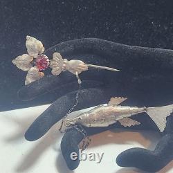 Antique Articulated Koi Fish Chatelaine Pin Red Glass Flower Hand Silver Tone