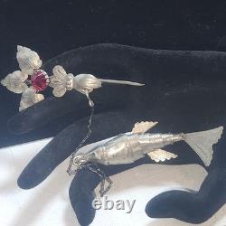 Antique Articulated Koi Fish Chatelaine Pin Red Glass Flower Hand Silver Tone