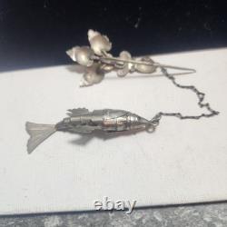 Antique Articulated Koi Fish Chatelaine Pin Red Glass Flower Hand Silver Tone