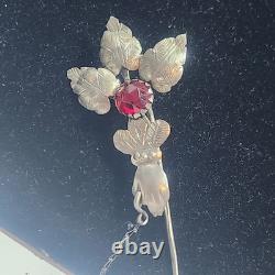 Antique Articulated Koi Fish Chatelaine Pin Red Glass Flower Hand Silver Tone