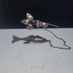 Antique Articulated Koi Fish Chatelaine Pin Red Glass Flower Hand Silver Tone