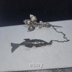 Antique Articulated Koi Fish Chatelaine Pin Red Glass Flower Hand Silver Tone