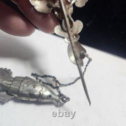 Antique Articulated Koi Fish Chatelaine Pin Red Glass Flower Hand Silver Tone