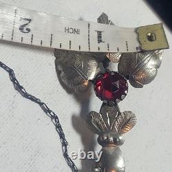 Antique Articulated Koi Fish Chatelaine Pin Red Glass Flower Hand Silver Tone