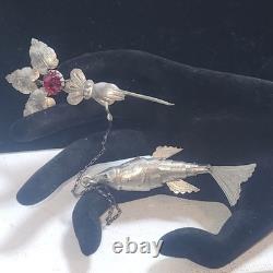 Antique Articulated Koi Fish Chatelaine Pin Red Glass Flower Hand Silver Tone