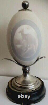 Antique Australian Cameo Carved Emu Egg on Silver Plate Stand Victorian 19th C