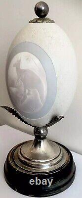 Antique Australian Cameo Carved Emu Egg on Silver Plate Stand Victorian 19th C