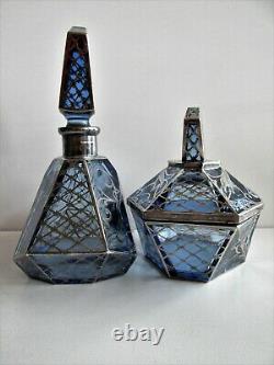 Antique Bohemian ART DECO Perfume bottle Powder Box Blue Glass Silver Plating