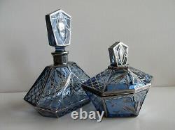 Antique Bohemian ART DECO Perfume bottle Powder Box Blue Glass Silver Plating