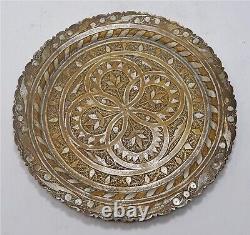 Antique Brass Round Decorative Plate Original Old Fine Silver Inlay Engraved