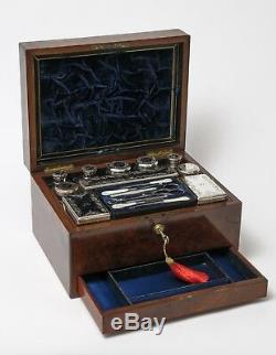 Antique Burr Walnut Dressing Case & Silver Plated Fittings, Samuel Fisher London