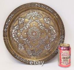 Antique C. 1900 Islamic, Mamluk Revival Silver & Copper Brass Tray, Egypt/Syria